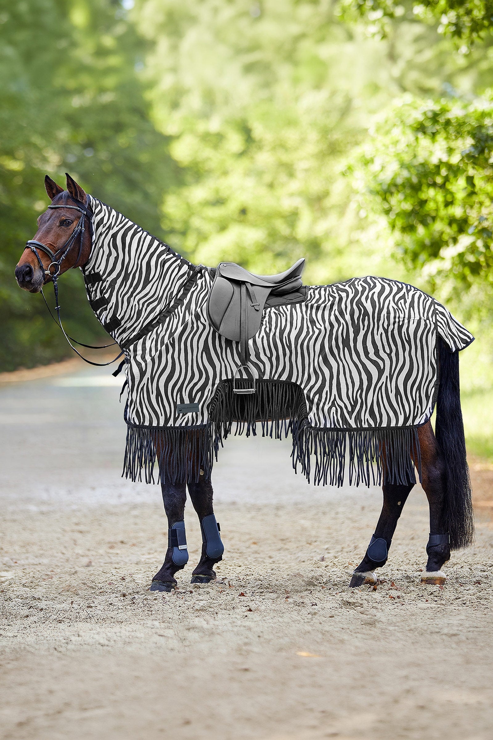 Waldhausen Zebra vliegendeken met zadeluitsparing en franjes, UV-bescherming Paardendekens